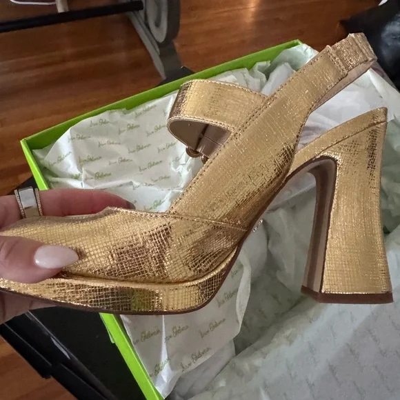 Sam Edelman Gold Textured Heels with Buckle - Picture 2 of 5